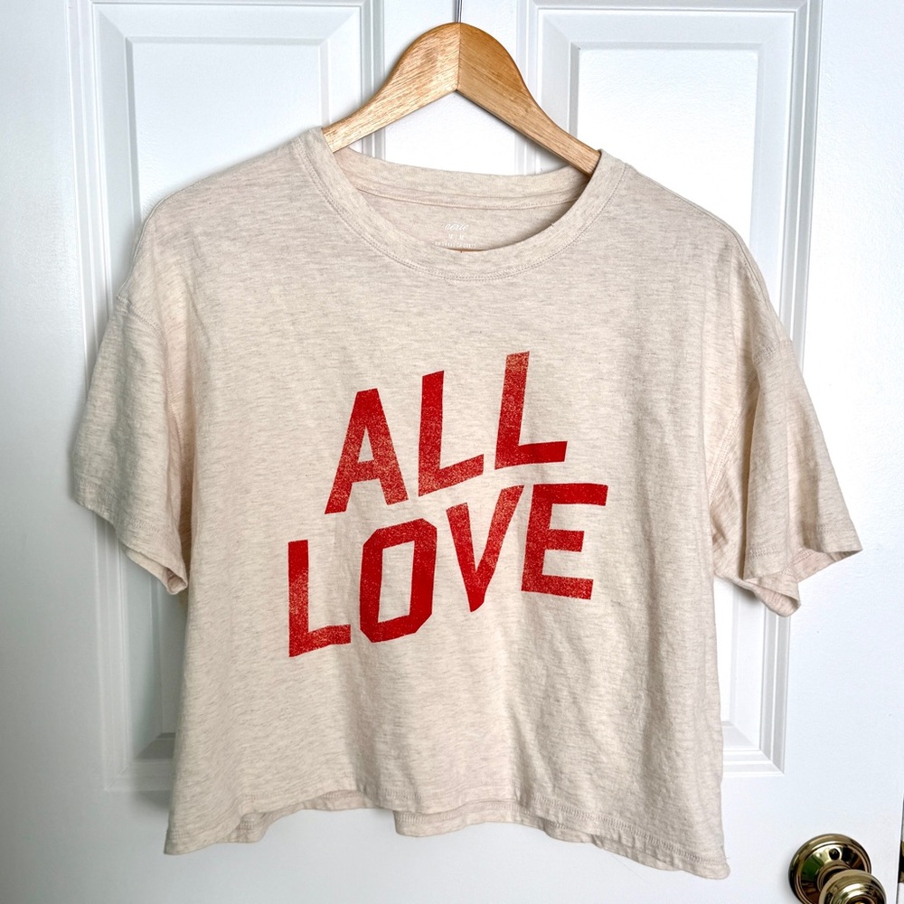AE Aerie ALL LOVE Graphic Tee - Cream with Red Print Cropped Top Size Medium